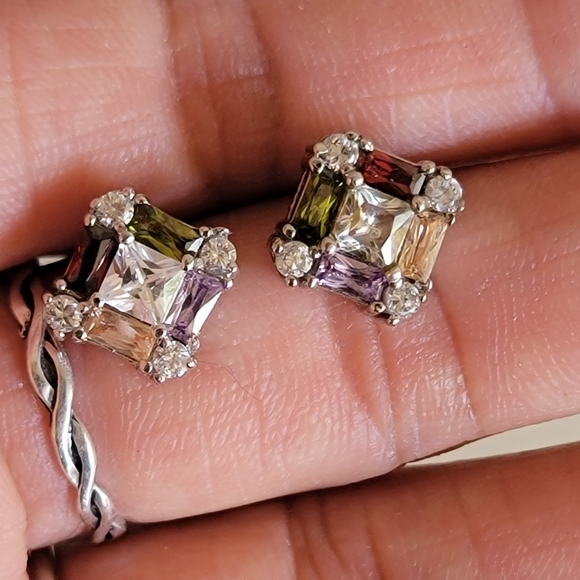 Stunning sparkling multi colored topaz 925 sterling silver diamond earrings - Picture 15 of 15